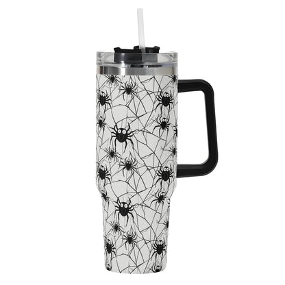 Cute Spiders White and Black 40oz Stainless Steel Tumbler Gift With Black Handle and Straw - DeRose Seasonal