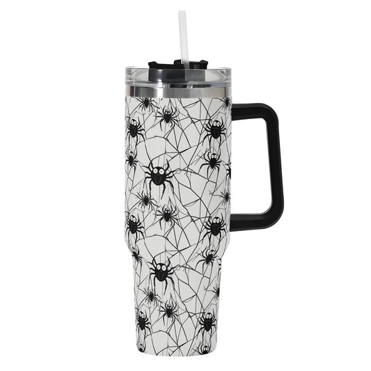Cute Spiders White and Black 40oz Stainless Steel Tumbler Gift With Black Handle and Straw - DeRose Seasonal