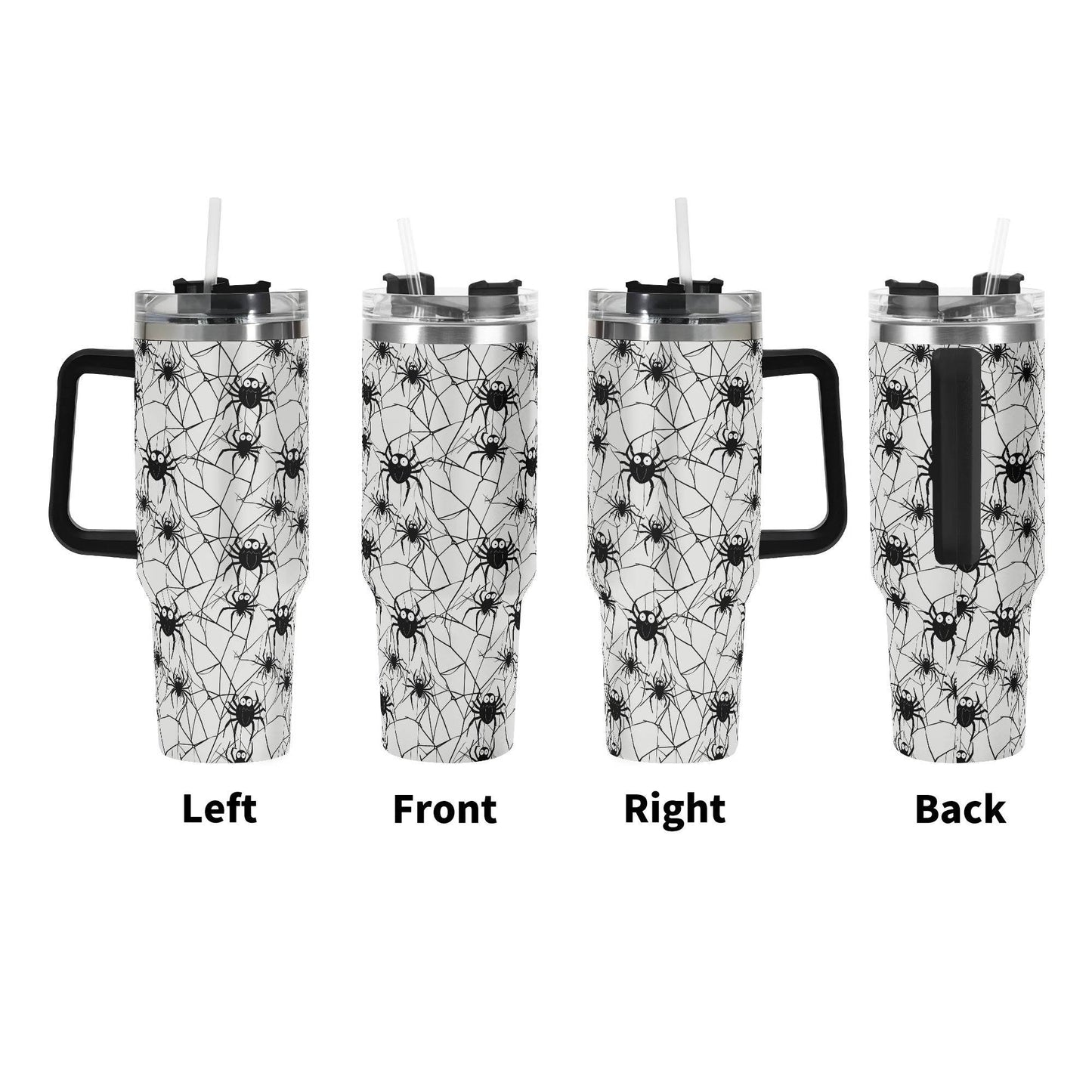 Cute Spiders White and Black 40oz Stainless Steel Tumbler Gift With Black Handle and Straw - DeRose Seasonal