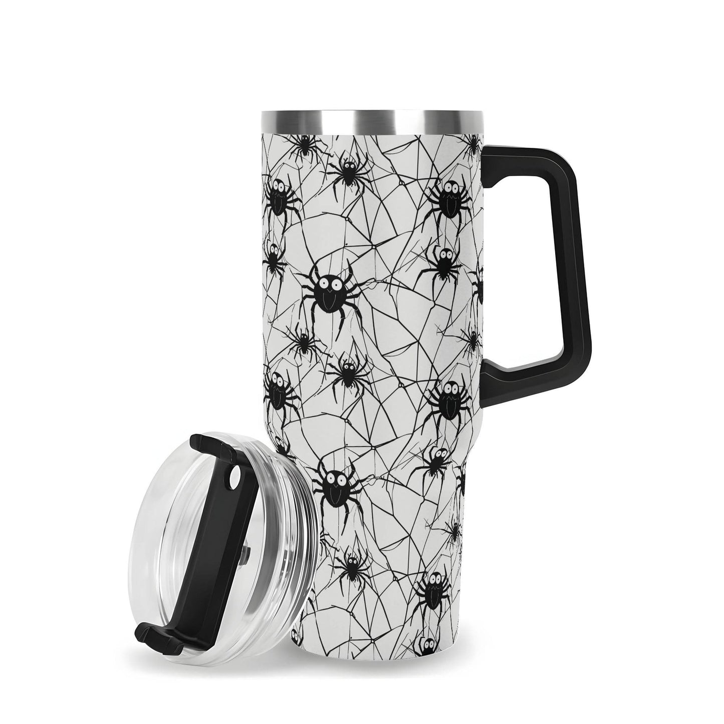 Cute Spiders White and Black 40oz Stainless Steel Tumbler Gift With Black Handle and Straw - DeRose Seasonal