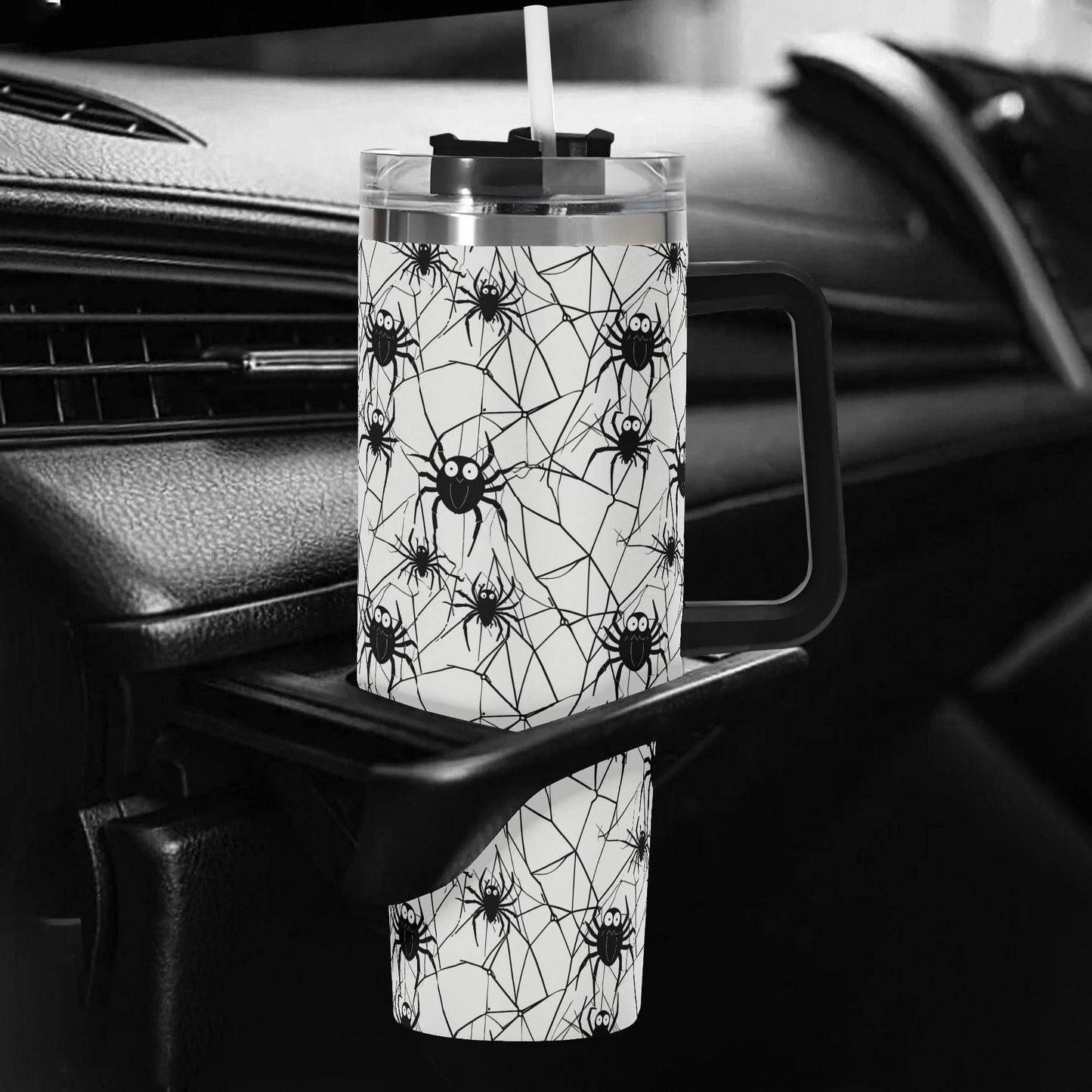 Cute Spiders White and Black 40oz Stainless Steel Tumbler Gift With Black Handle and Straw - DeRose Seasonal