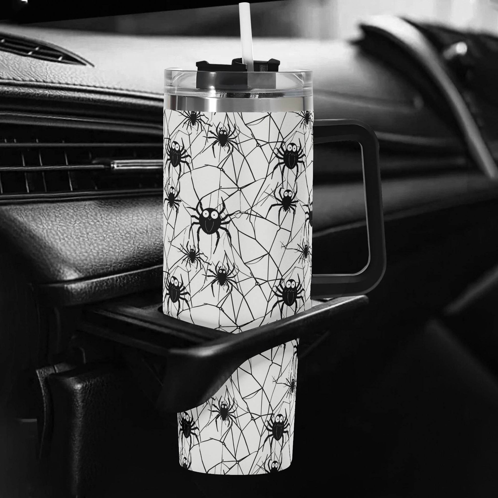 Cute Spiders White and Black 40oz Stainless Steel Tumbler Gift With Black Handle and Straw - DeRose Seasonal