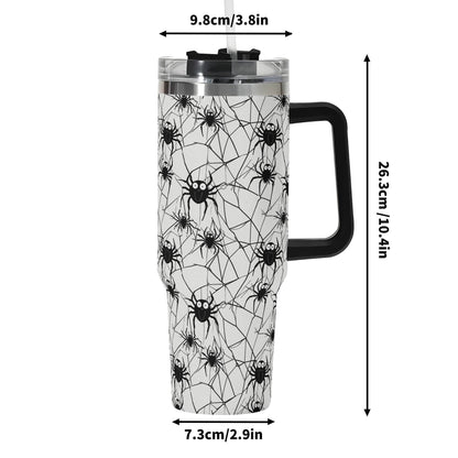 Cute Spiders White and Black 40oz Stainless Steel Tumbler Gift With Black Handle and Straw - DeRose Seasonal