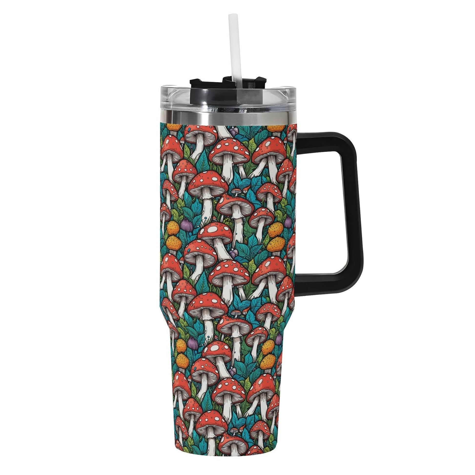 Colorful Mushrooms 40oz Stainless Steel Tumbler Gift With Black Handle and Straw - DeRose Seasonal