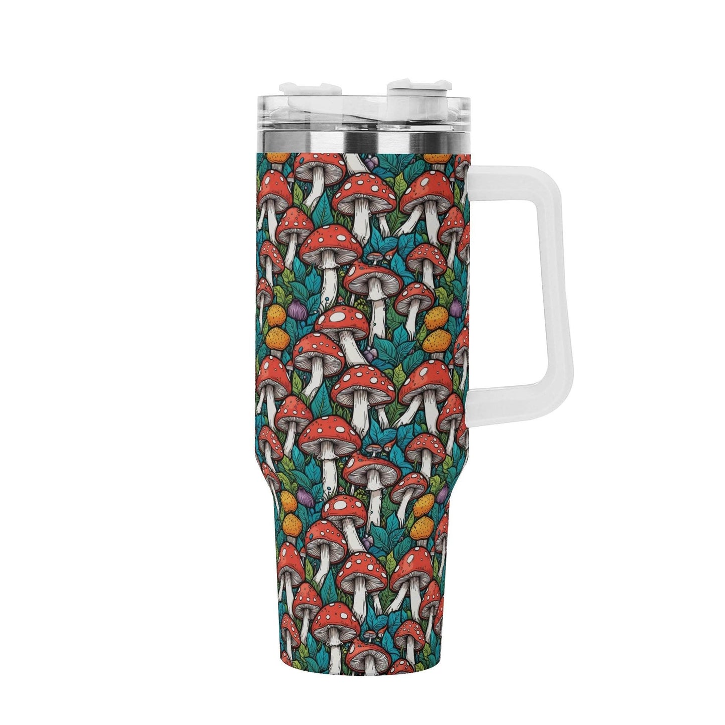 Colorful Mushrooms 40oz Stainless Steel Tumbler Gift With White Handle and Straw - DeRose Seasonal