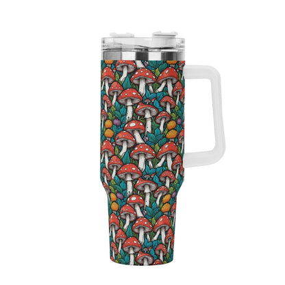 Colorful Mushrooms 40oz Stainless Steel Tumbler Gift With White Handle and Straw - DeRose Seasonal
