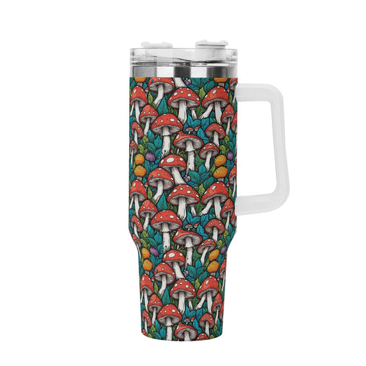 Colorful Mushrooms 40oz Stainless Steel Tumbler Gift With White Handle and Straw - DeRose Seasonal