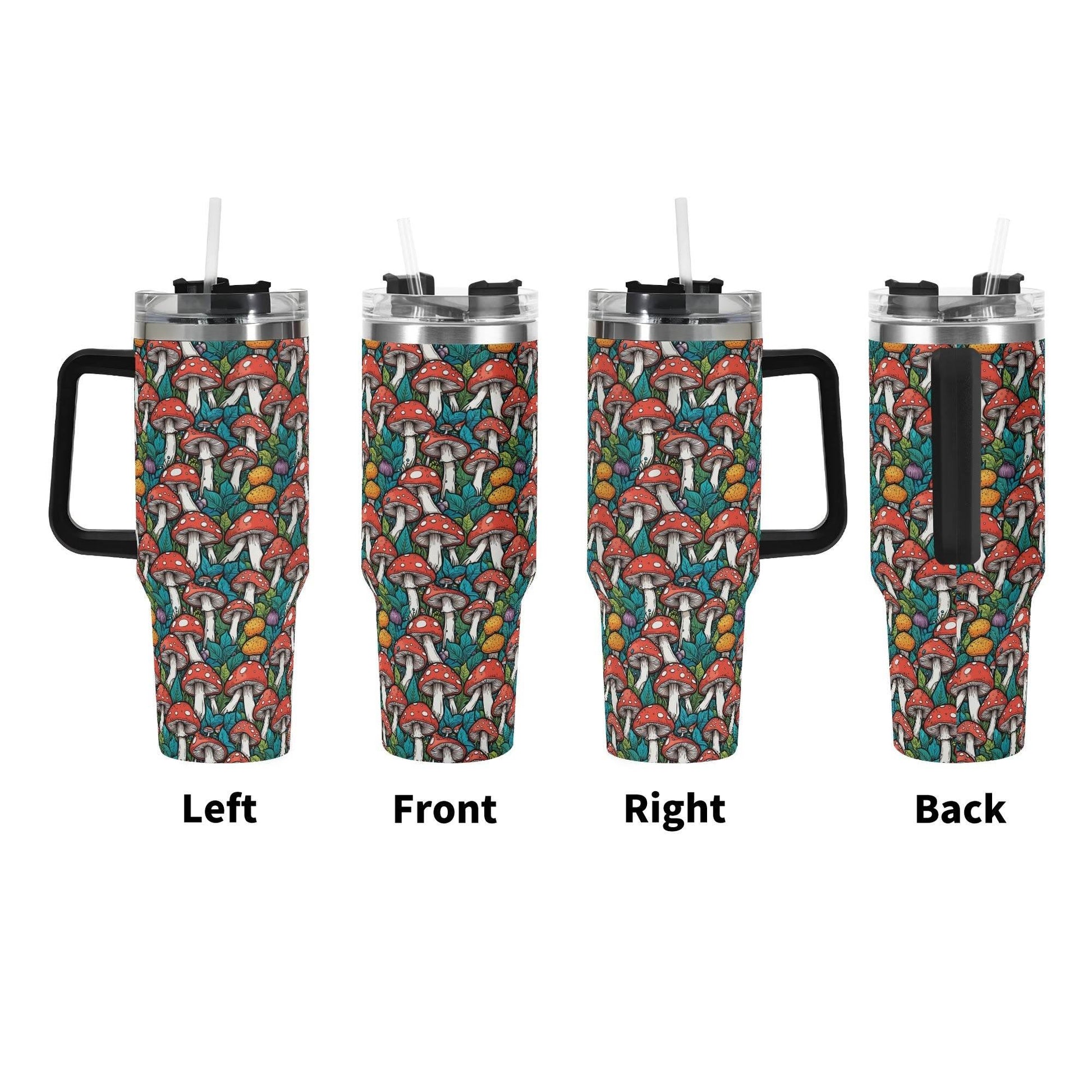 Colorful Mushrooms 40oz Stainless Steel Tumbler Gift With Black Handle and Straw - DeRose Seasonal