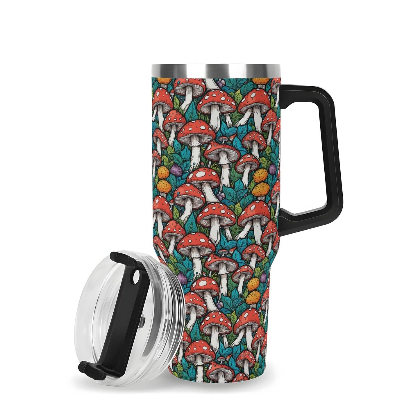 Colorful Mushrooms 40oz Stainless Steel Tumbler Gift With Black Handle and Straw - DeRose Seasonal