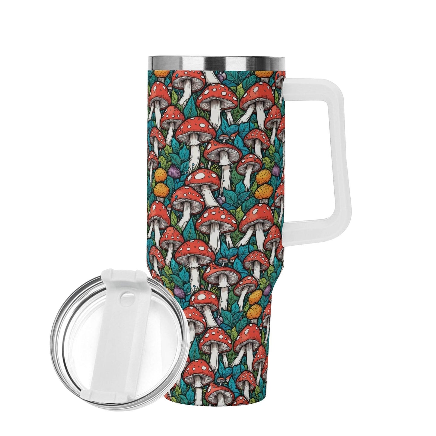 Colorful Mushrooms 40oz Stainless Steel Tumbler Gift With White Handle and Straw - DeRose Seasonal