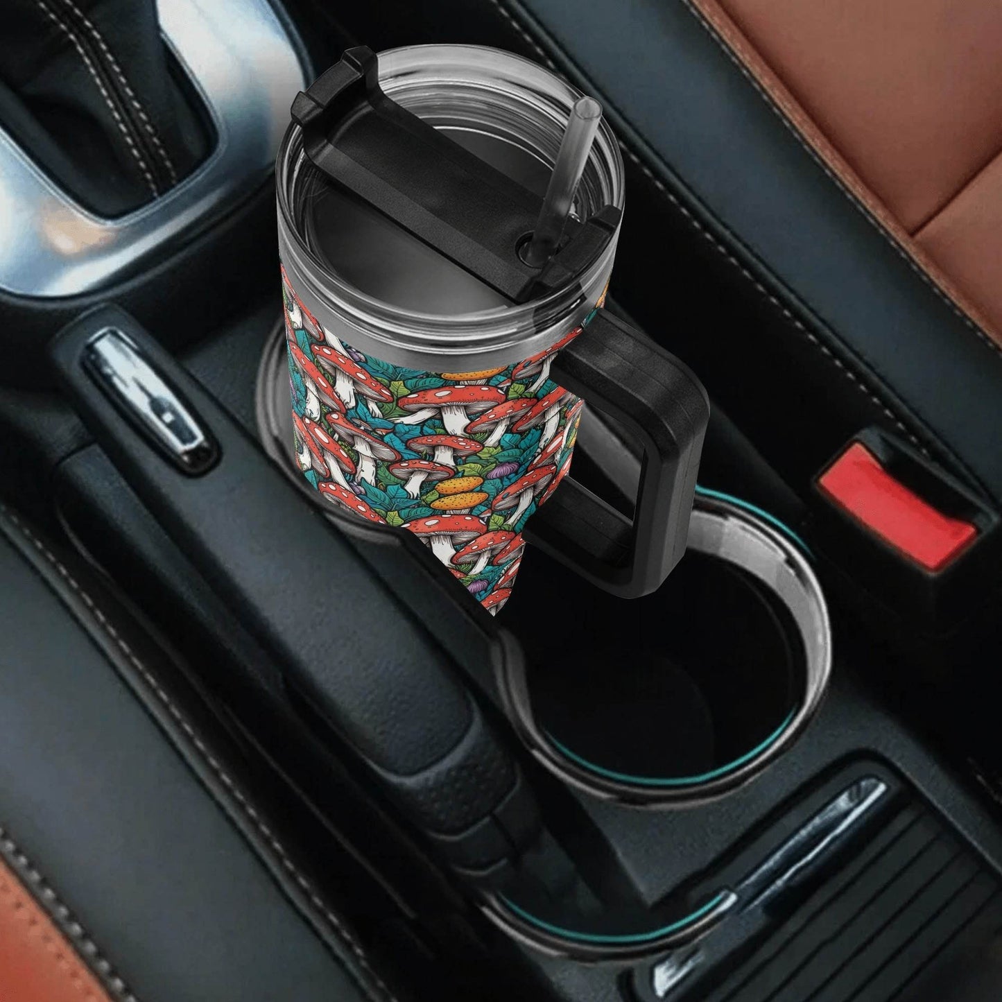 Colorful Mushrooms 40oz Stainless Steel Tumbler Gift With Black Handle and Straw - DeRose Seasonal