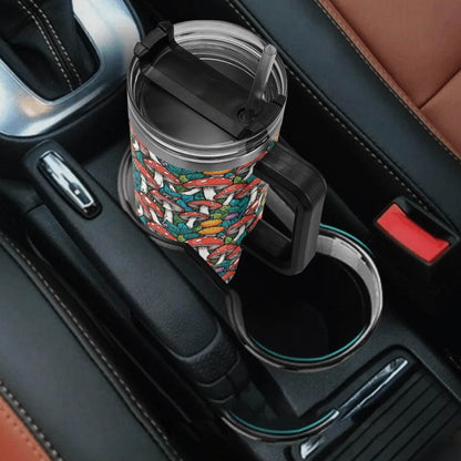 Colorful Mushrooms 40oz Stainless Steel Tumbler Gift With Black Handle and Straw - DeRose Seasonal