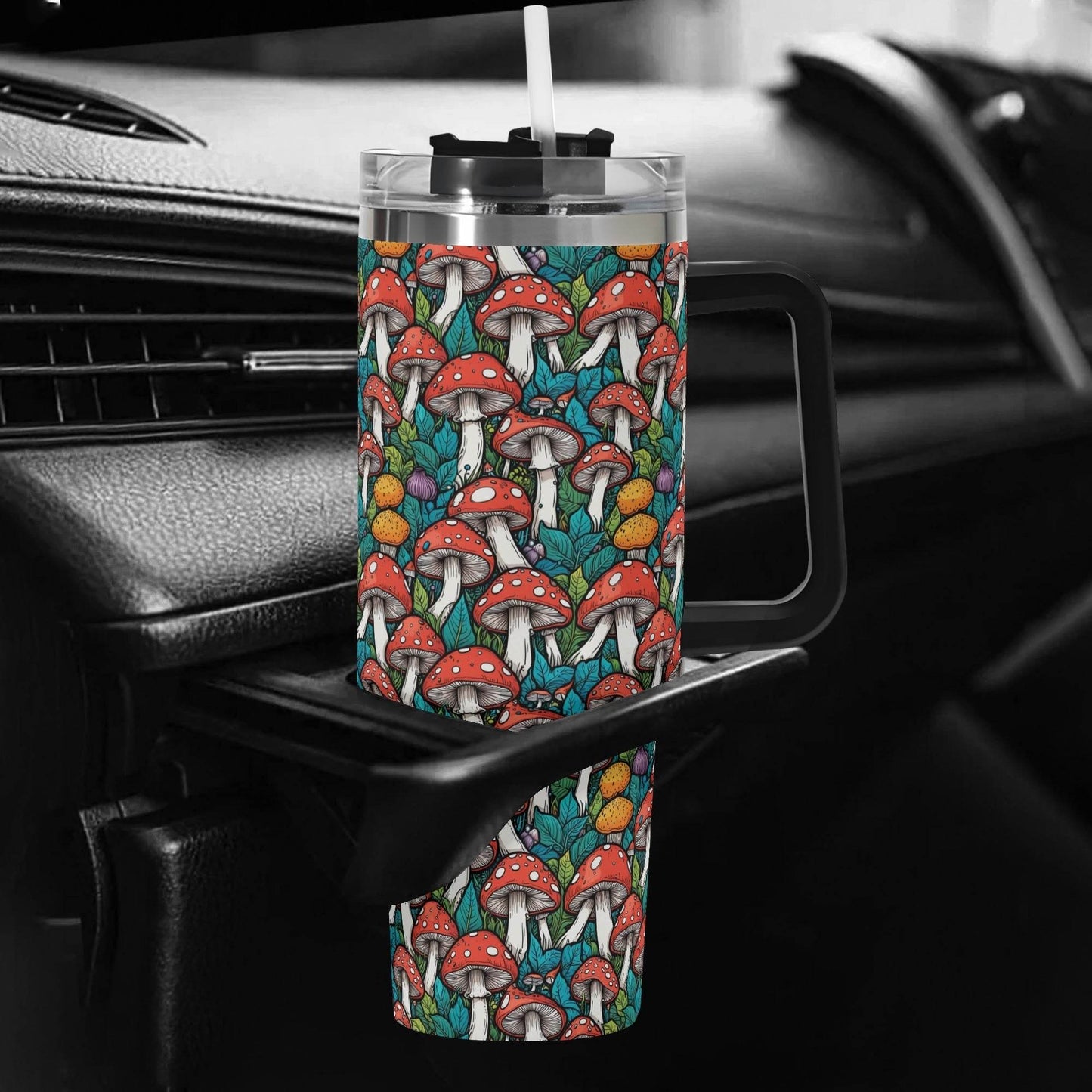 Colorful Mushrooms 40oz Stainless Steel Tumbler Gift With Black Handle and Straw - DeRose Seasonal