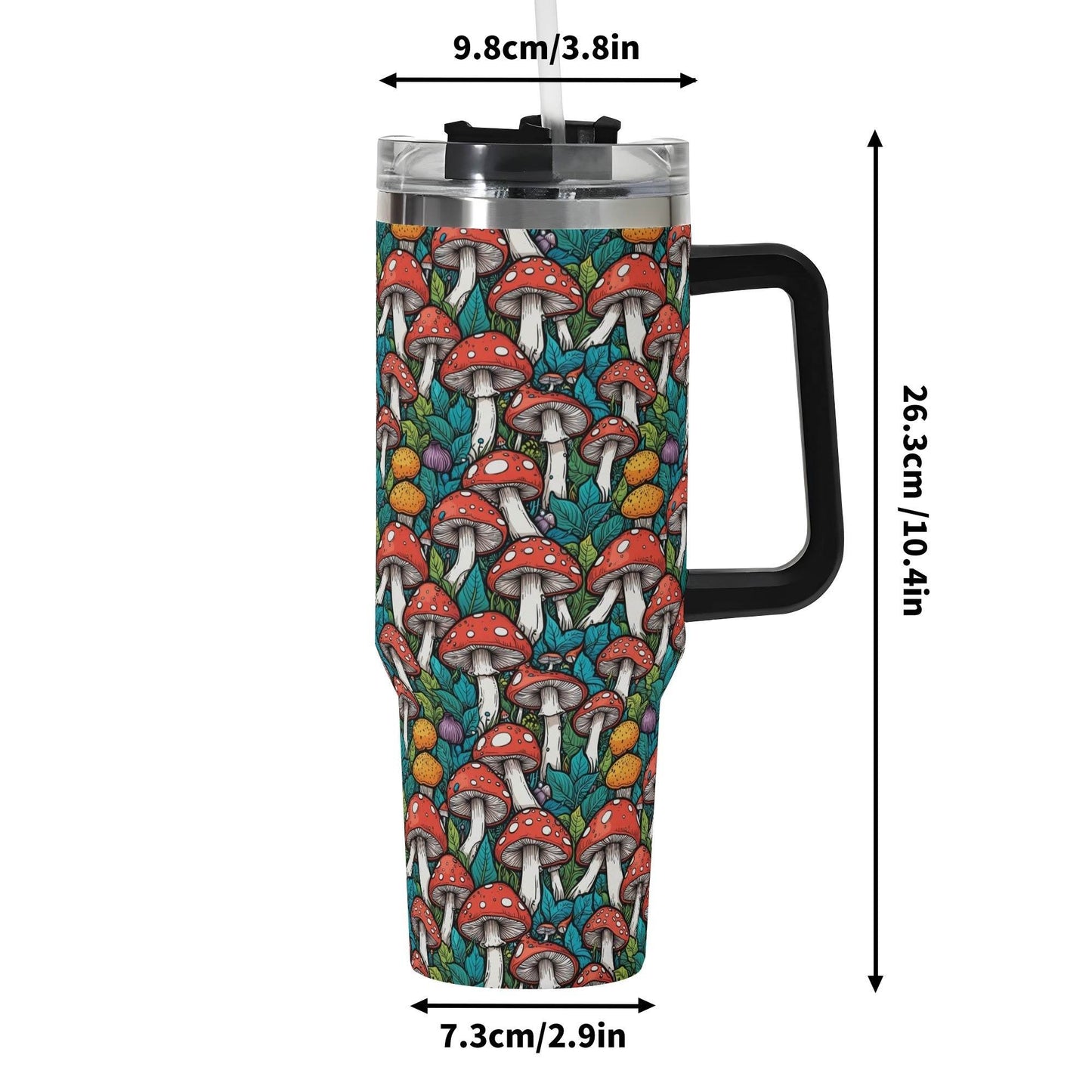 Colorful Mushrooms 40oz Stainless Steel Tumbler Gift With Black Handle and Straw - DeRose Seasonal