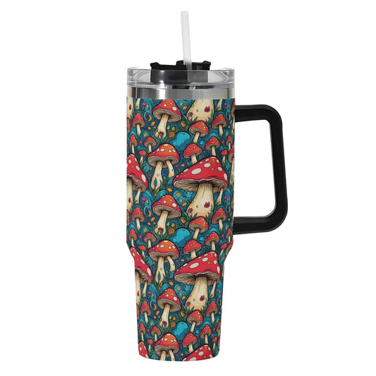 Deathcap Mushrooms 40oz Stainless Steel Tumbler Gift With Black Handle and Straw - DeRose Seasonal