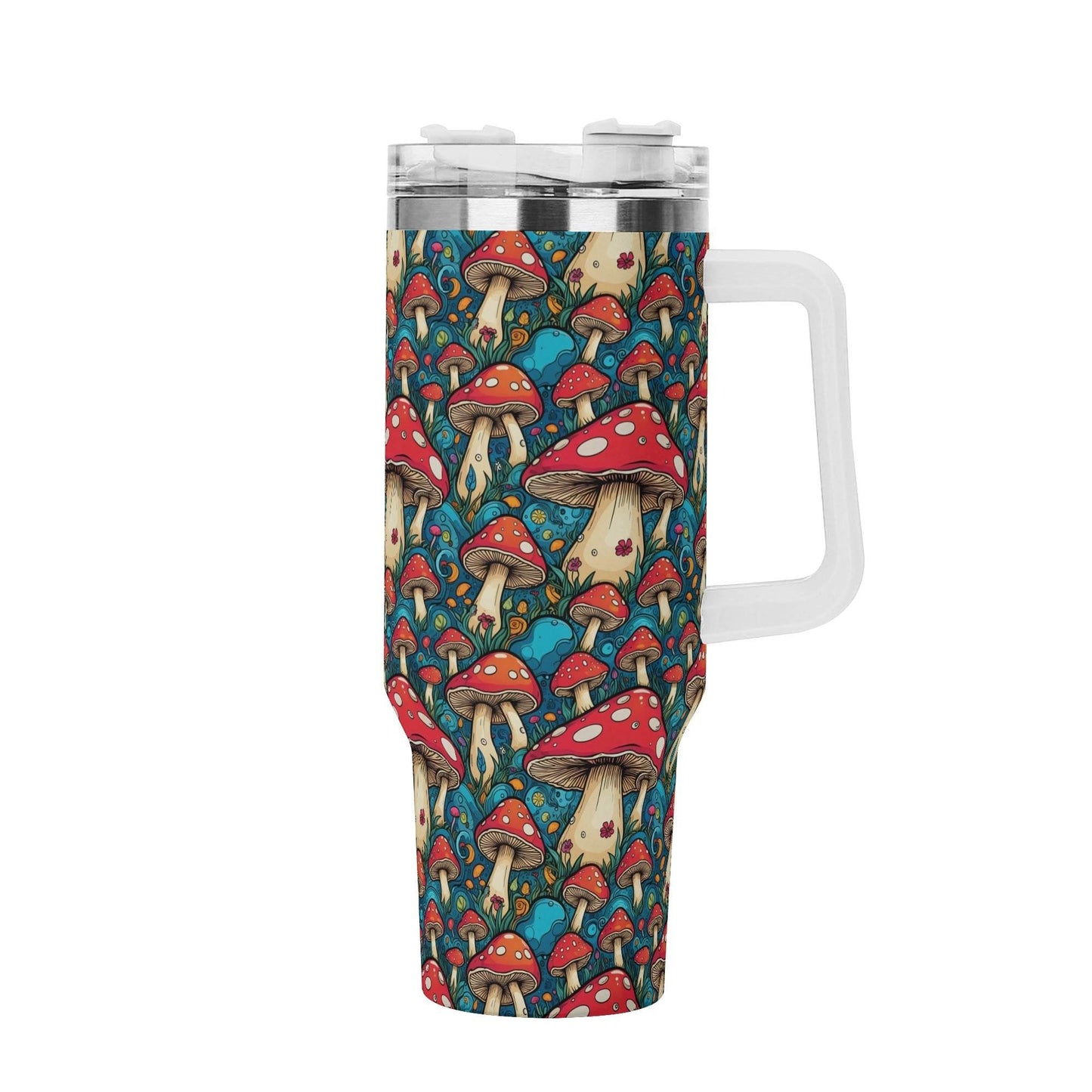 Deathcap Mushrooms 40oz Stainless Steel Tumbler Gift With White Handle and Straw - DeRose Seasonal