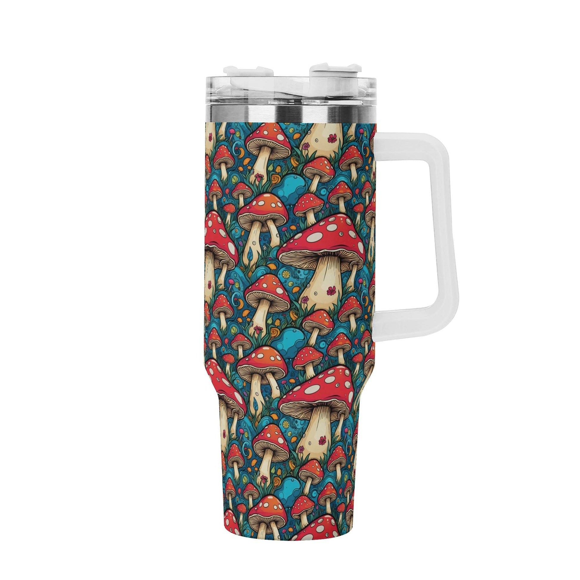 Deathcap Mushrooms 40oz Stainless Steel Tumbler Gift With White Handle and Straw - DeRose Seasonal