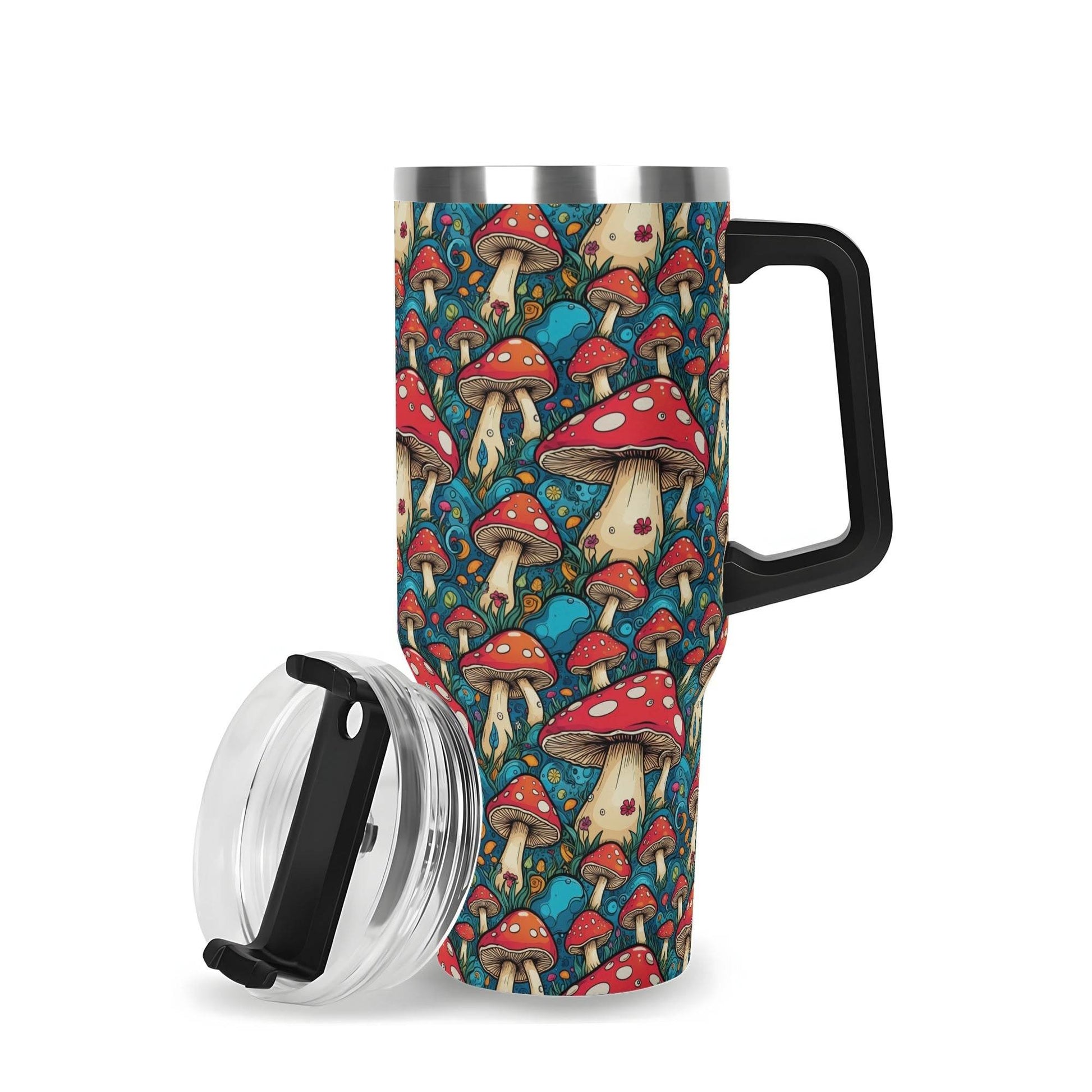 Deathcap Mushrooms 40oz Stainless Steel Tumbler Gift With Black Handle and Straw - DeRose Seasonal
