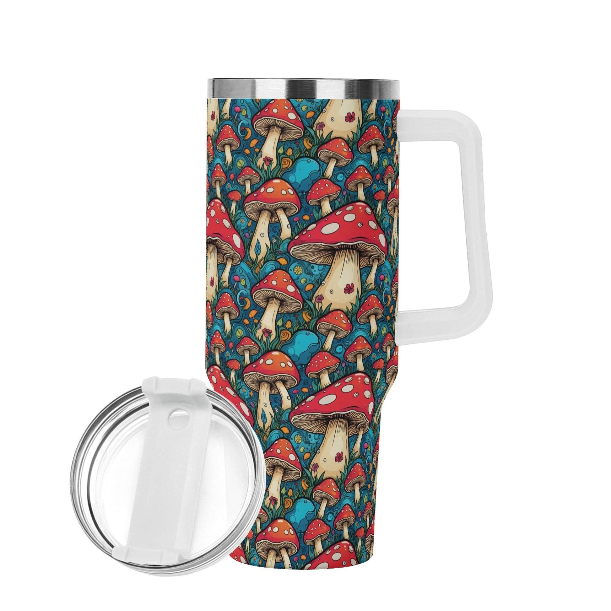 Deathcap Mushrooms 40oz Stainless Steel Tumbler Gift With White Handle and Straw - DeRose Seasonal
