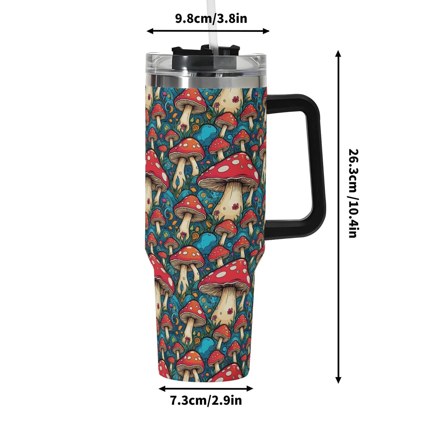 Deathcap Mushrooms 40oz Stainless Steel Tumbler Gift With Black Handle and Straw - DeRose Seasonal
