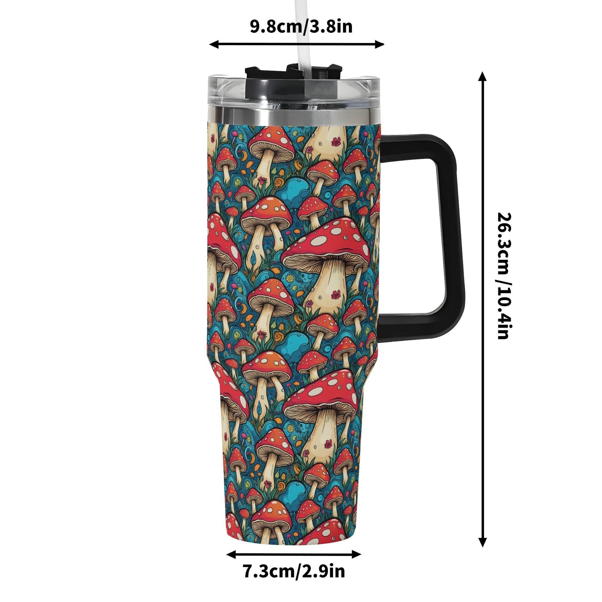 Deathcap Mushrooms 40oz Stainless Steel Tumbler Gift With Black Handle and Straw - DeRose Seasonal