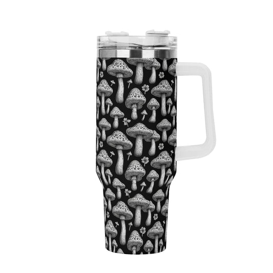 Black and White Mushrooms 40oz Stainless Steel Tumbler Gift With White Handle and Straw - DeRose Seasonal