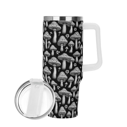 Black and White Mushrooms 40oz Stainless Steel Tumbler Gift With White Handle and Straw - DeRose Seasonal