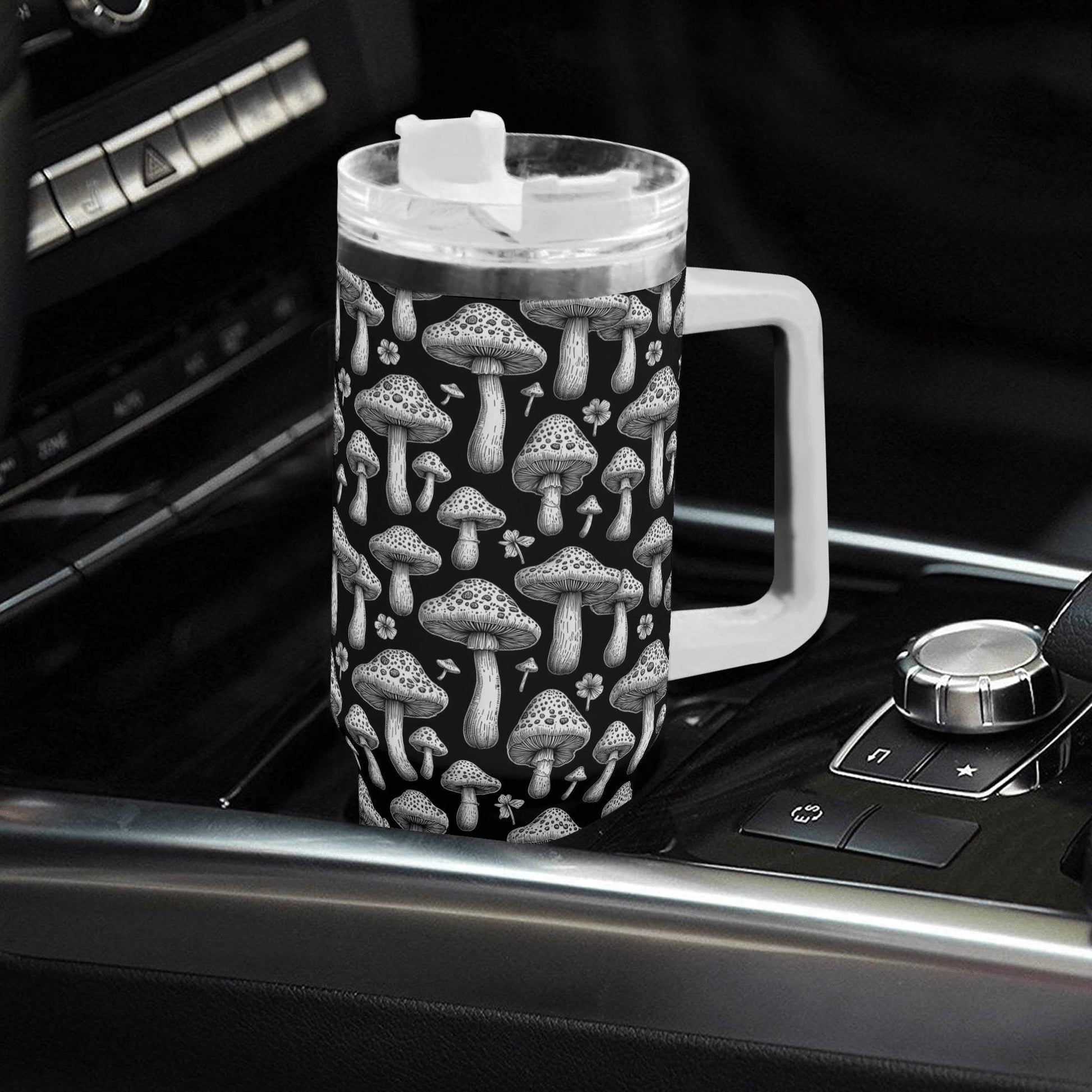 Black and White Mushrooms 40oz Stainless Steel Tumbler Gift With White Handle and Straw - DeRose Seasonal