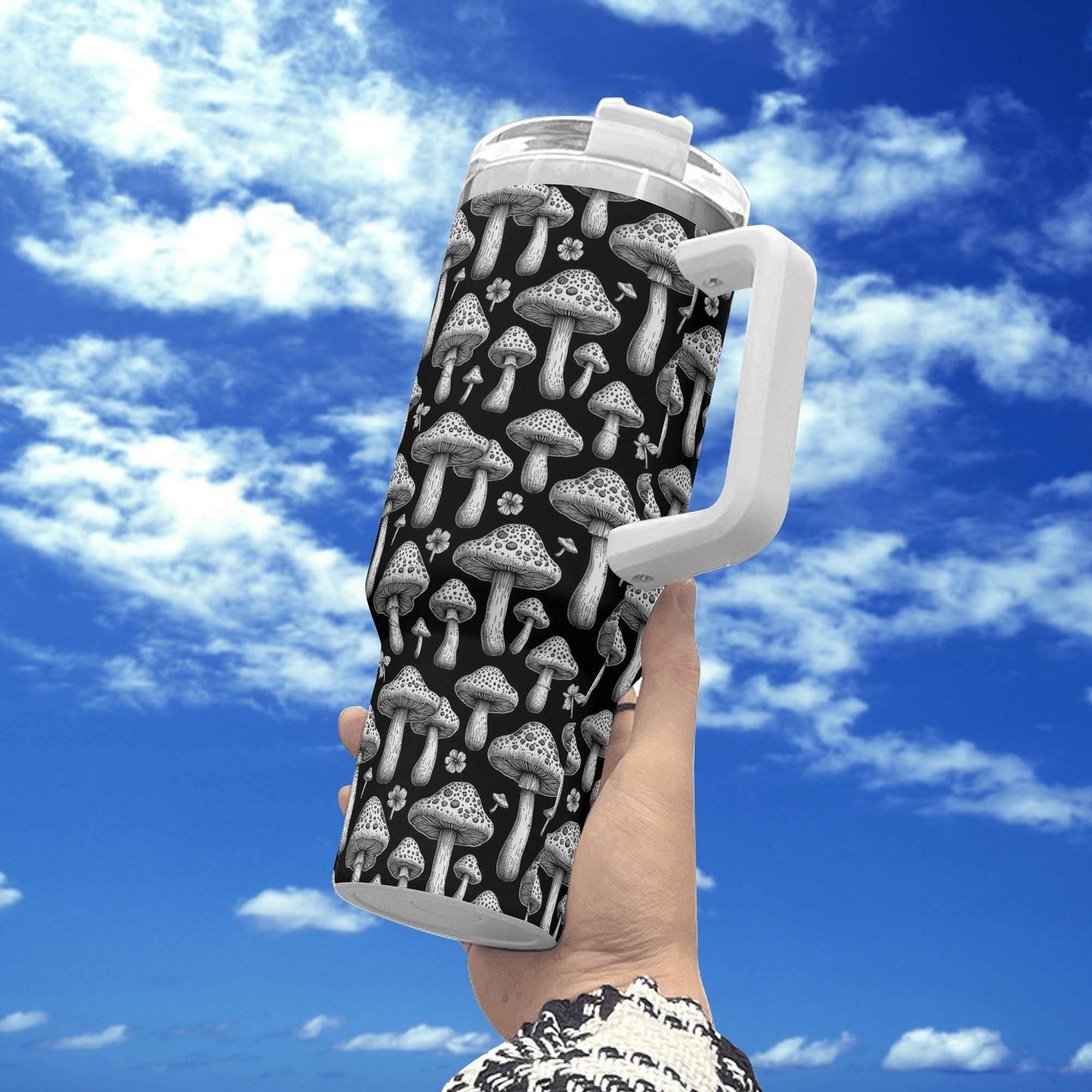 Black and White Mushrooms 40oz Stainless Steel Tumbler Gift With White Handle and Straw - DeRose Seasonal
