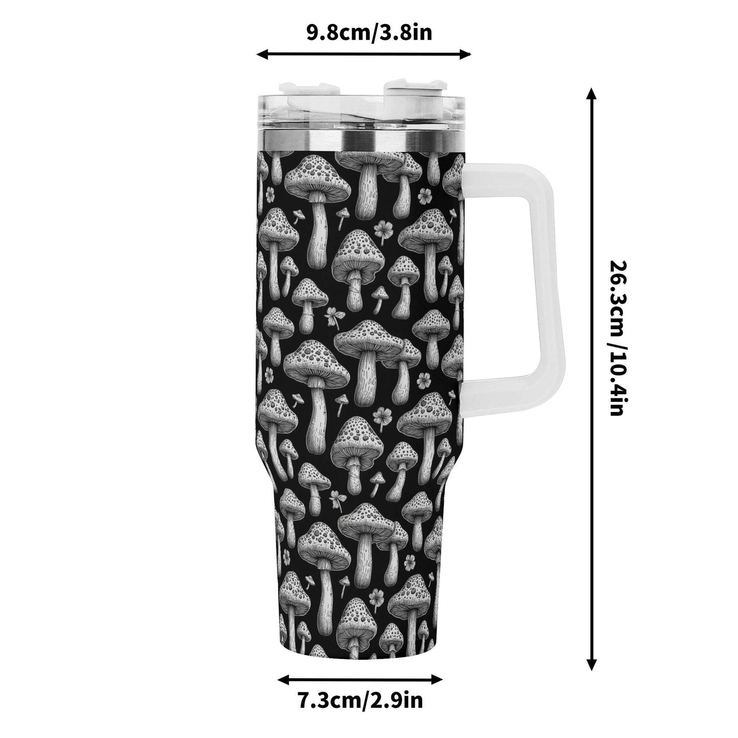 Black and White Mushrooms 40oz Stainless Steel Tumbler Gift With White Handle and Straw - DeRose Seasonal