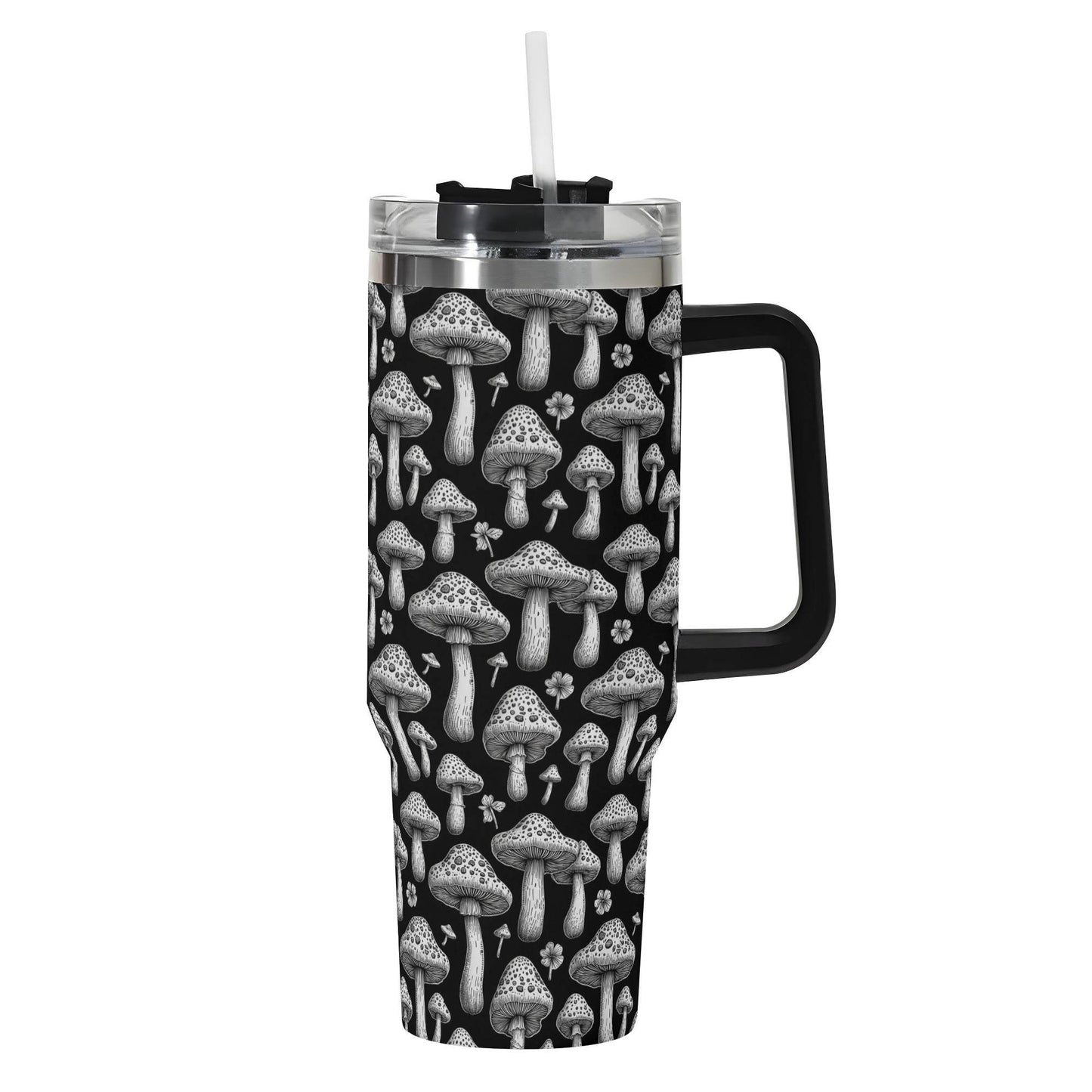 Black and White Mushrooms 40oz Stainless Steel Tumbler Gift With Black Handle and Straw - DeRose Seasonal