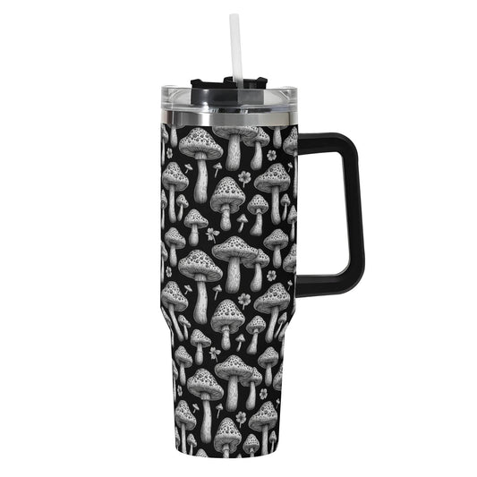 Black and White Mushrooms 40oz Stainless Steel Tumbler Gift With Black Handle and Straw - DeRose Seasonal