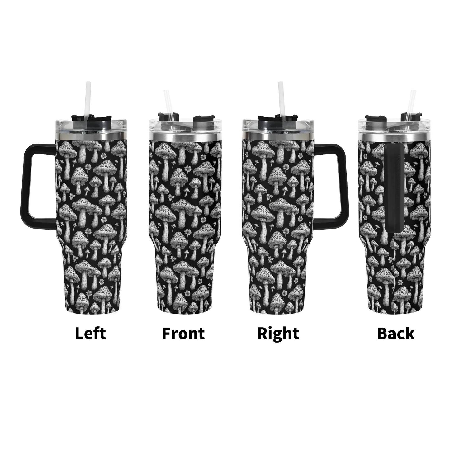 Black and White Mushrooms 40oz Stainless Steel Tumbler Gift With Black Handle and Straw - DeRose Seasonal