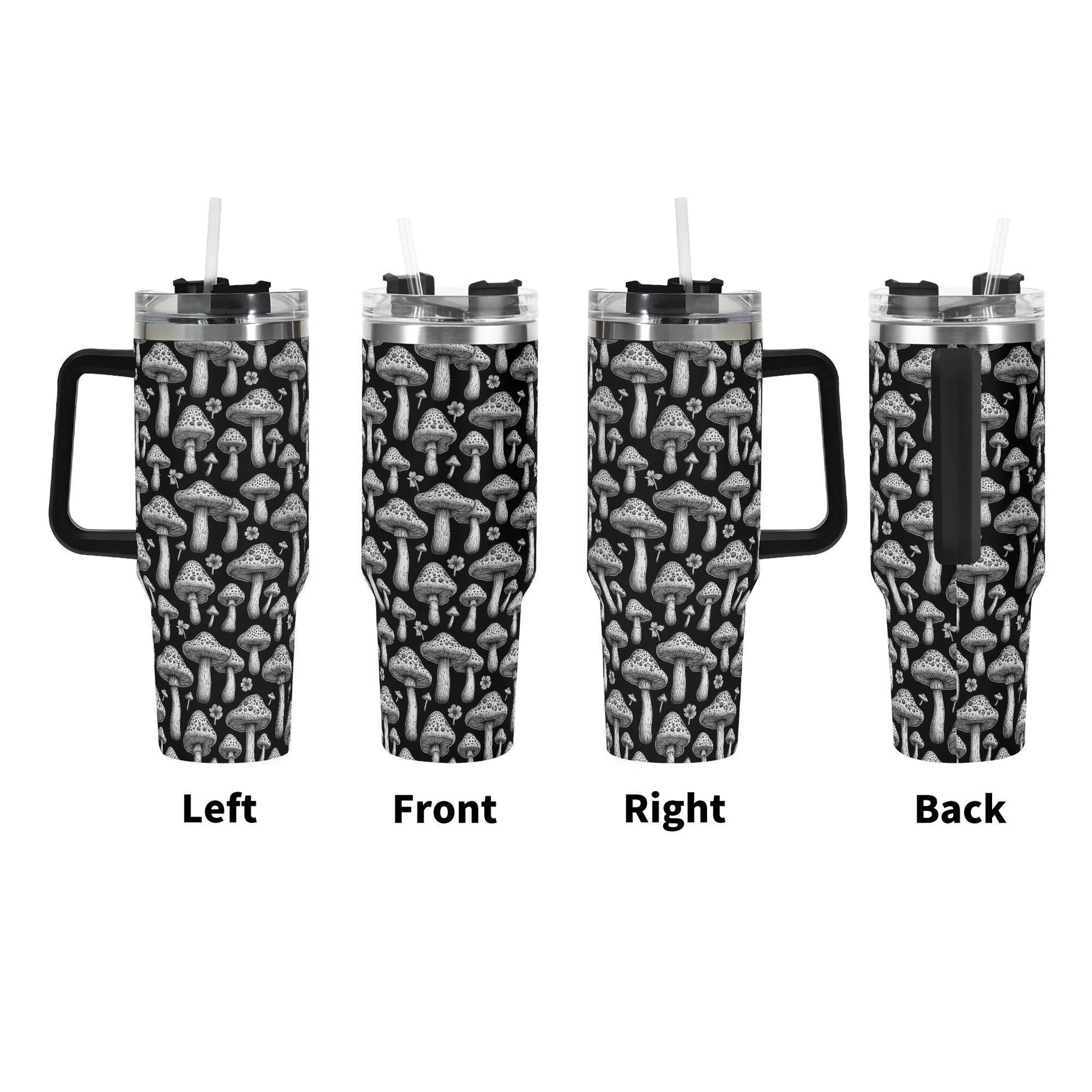 Black and White Mushrooms 40oz Stainless Steel Tumbler Gift With Black Handle and Straw - DeRose Seasonal