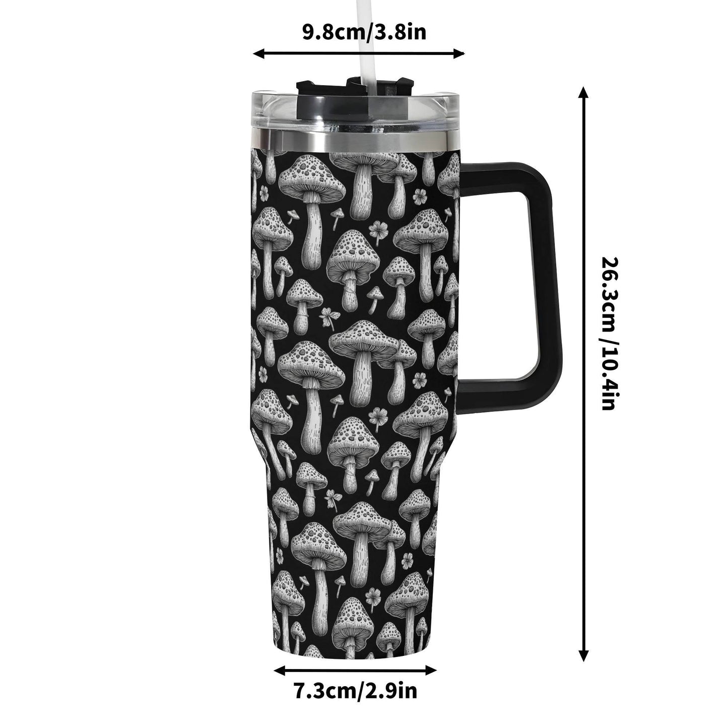 Black and White Mushrooms 40oz Stainless Steel Tumbler Gift With Black Handle and Straw - DeRose Seasonal