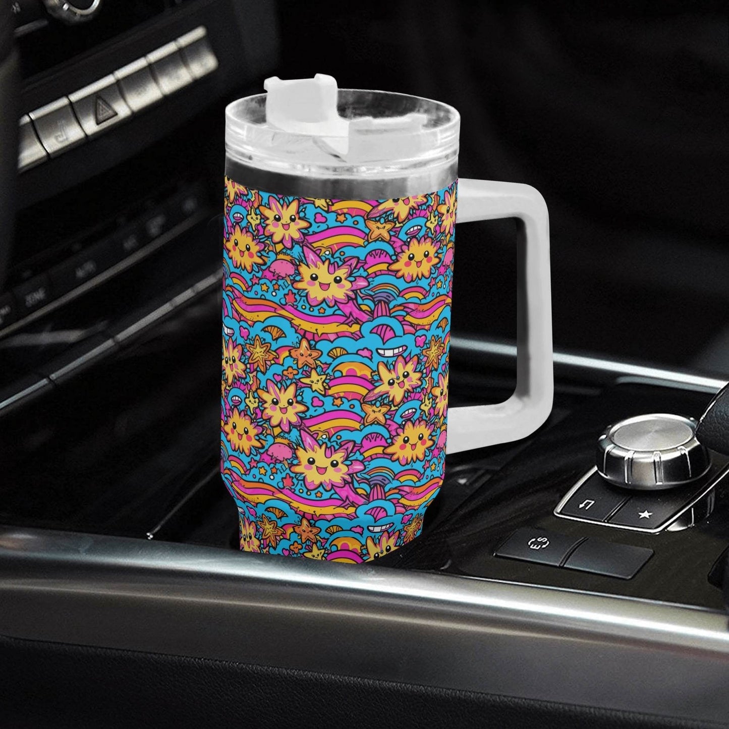Squish Stars 40oz Stainless Steel Tumbler Gift With White Handle and Straw - DeRose Seasonal