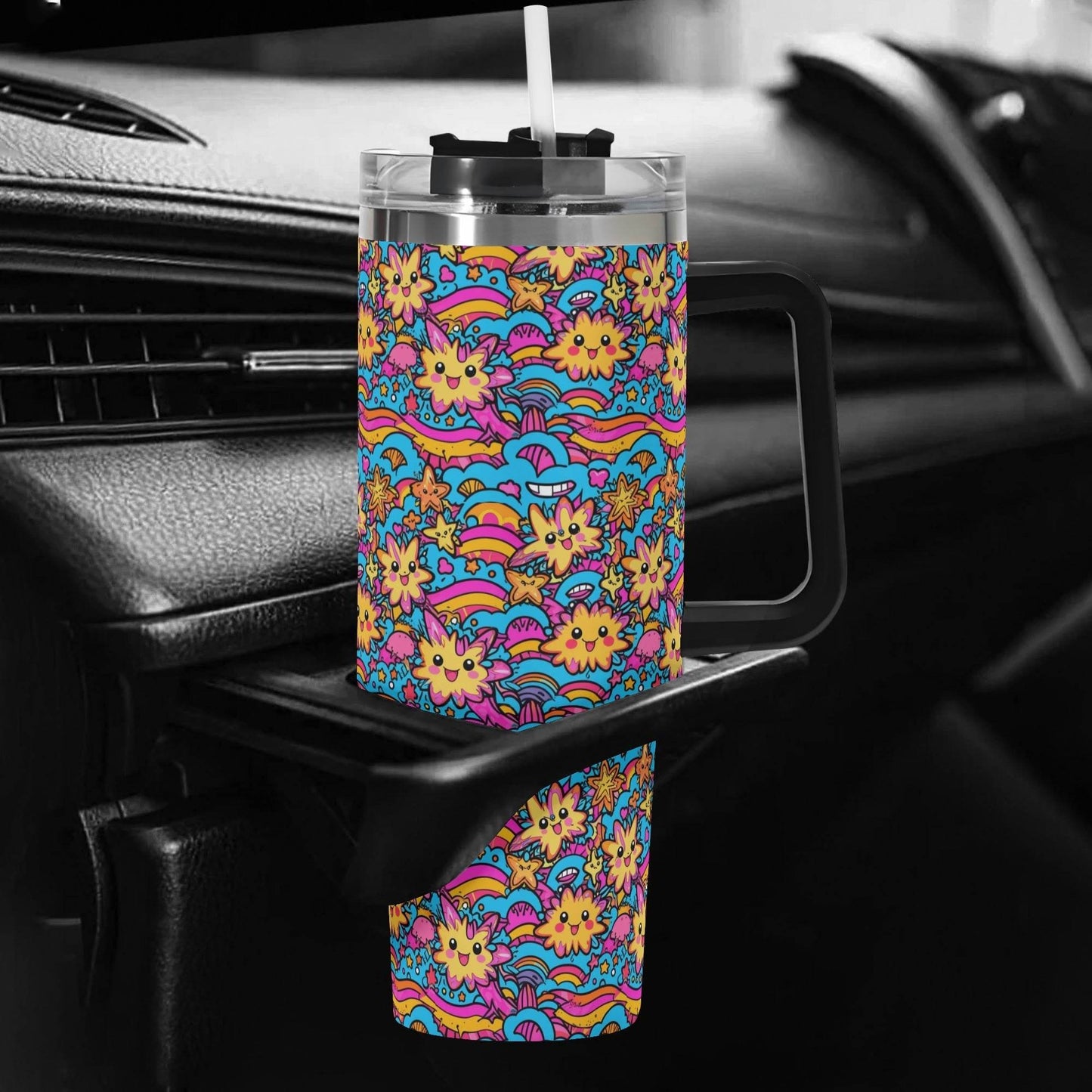 Squishy Stars 40oz Stainless Steel Tumbler Gift With Black Handle and Straw - DeRose Seasonal