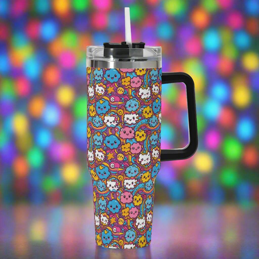 Cute Clouds 40oz Stainless Steel Tumbler Gift With Black Handle and Straw - DeRose Seasonal