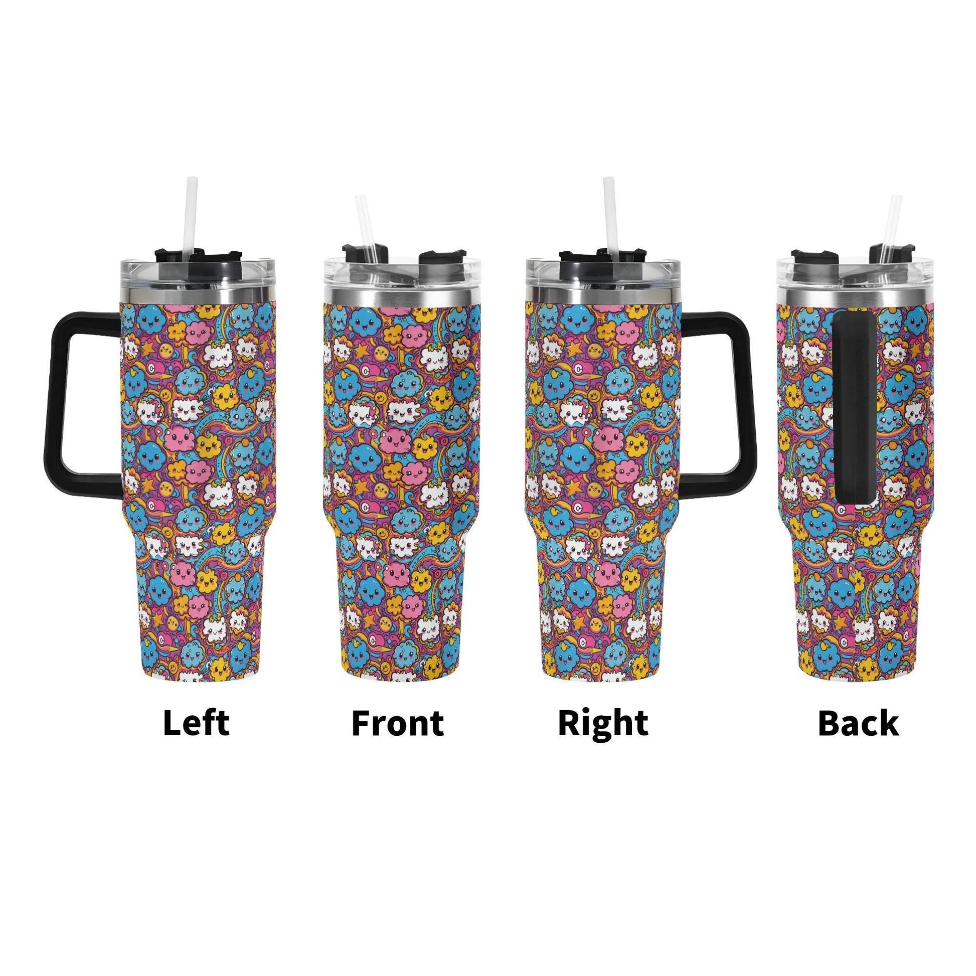 Cute Clouds 40oz Stainless Steel Tumbler Gift With Black Handle and Straw - DeRose Seasonal