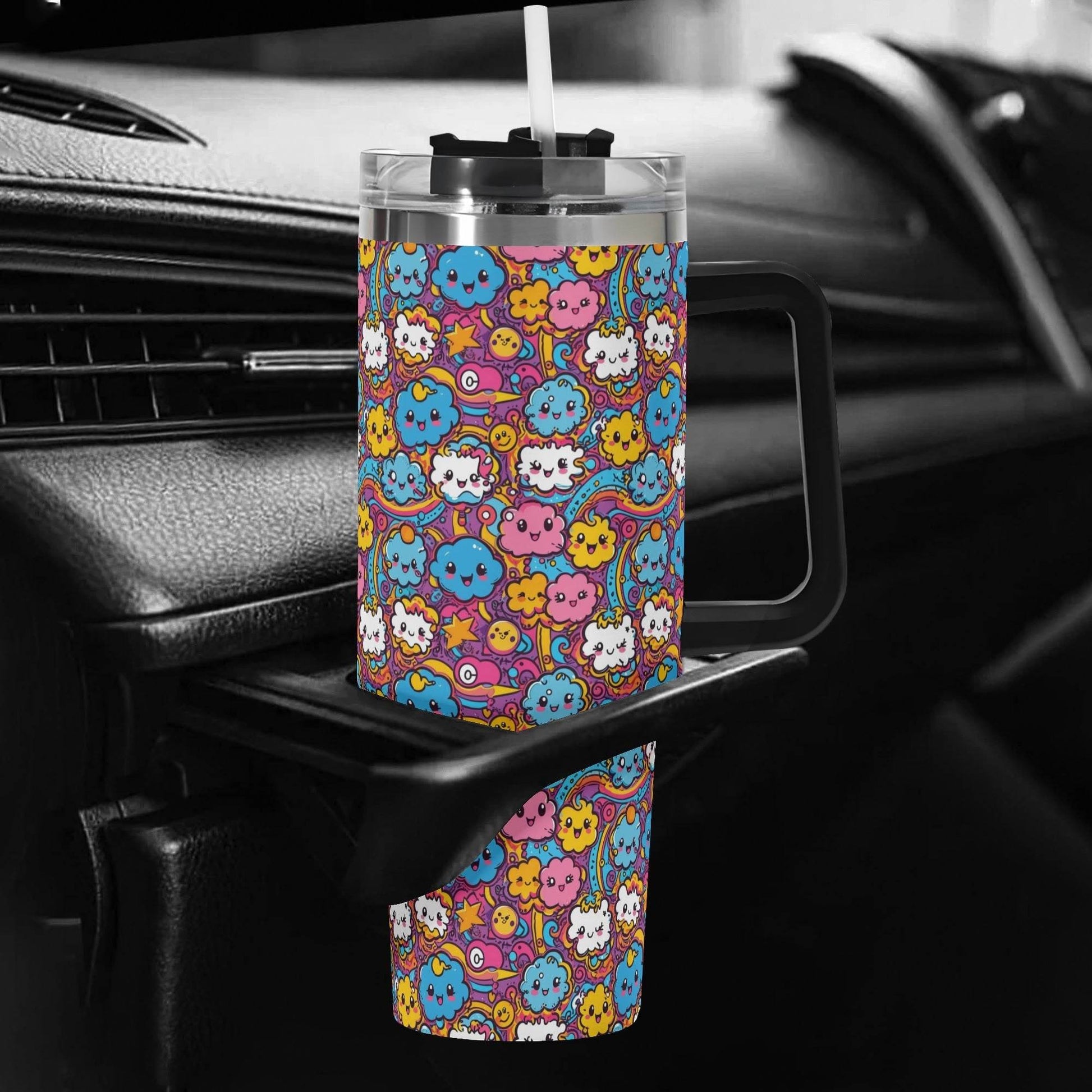 Cute Clouds 40oz Stainless Steel Tumbler Gift With Black Handle and Straw - DeRose Seasonal