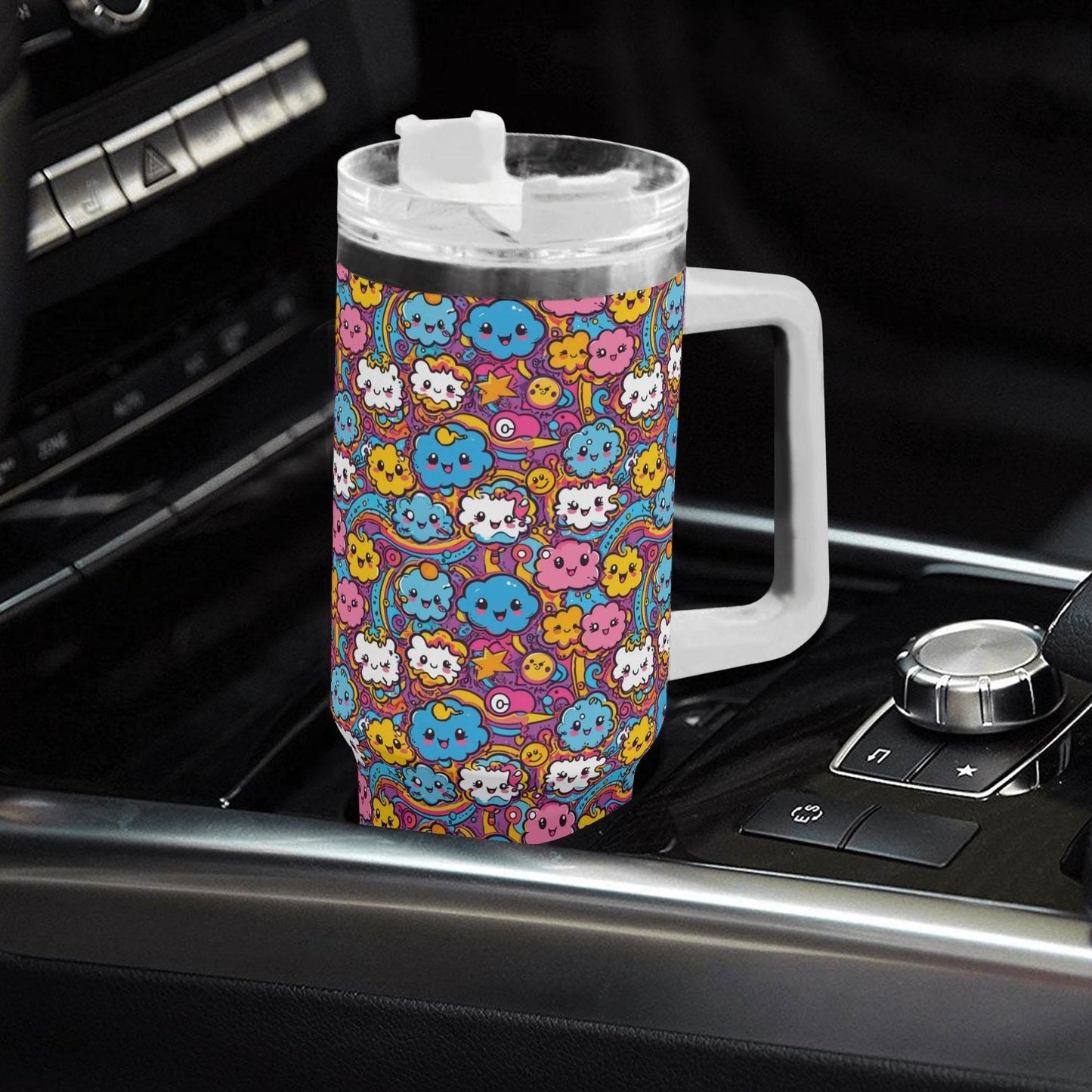 Cute Clouds 40oz Stainless Steel Tumbler Gift With White Handle and Straw - DeRose Seasonal