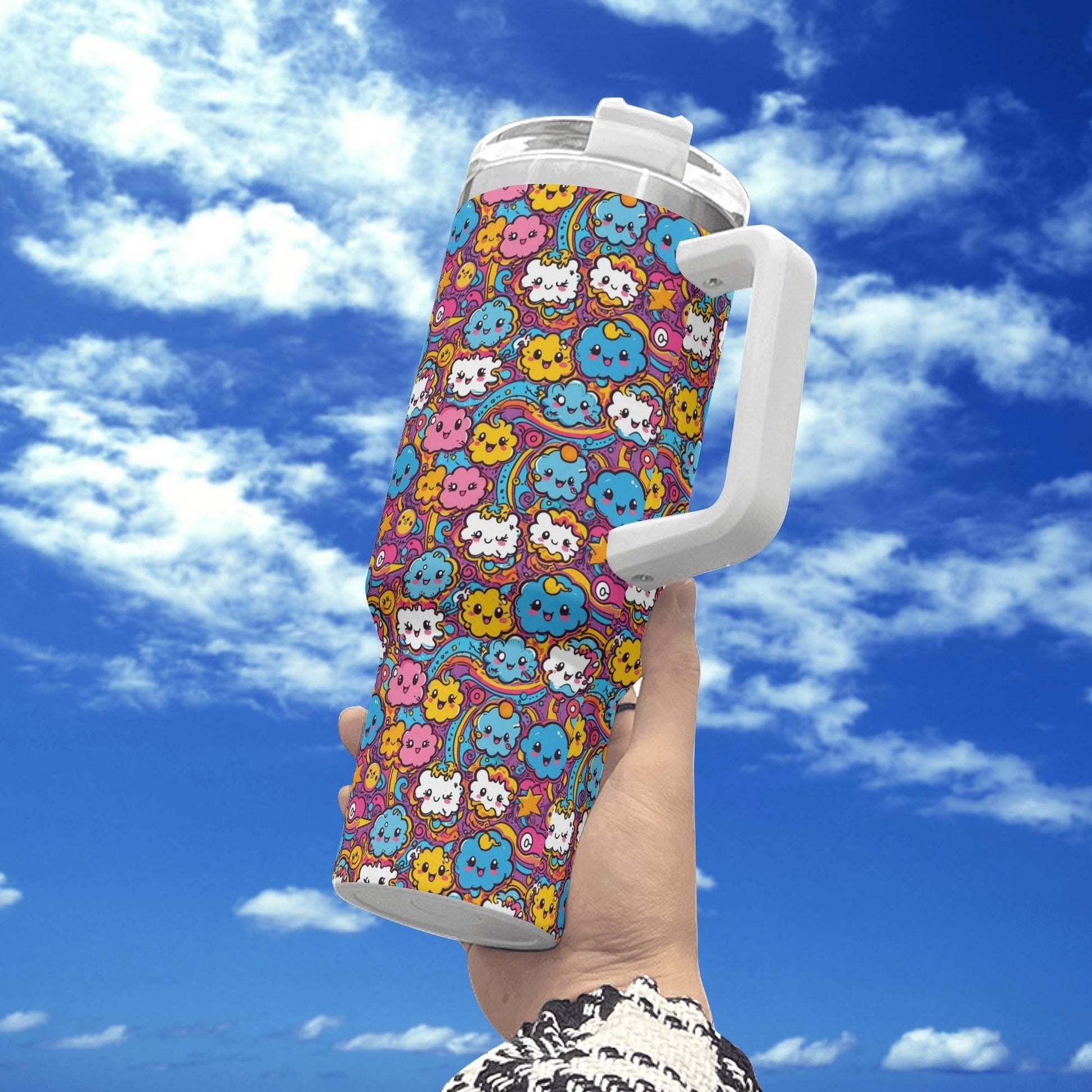 Cute Clouds 40oz Stainless Steel Tumbler Gift With White Handle and Straw - DeRose Seasonal