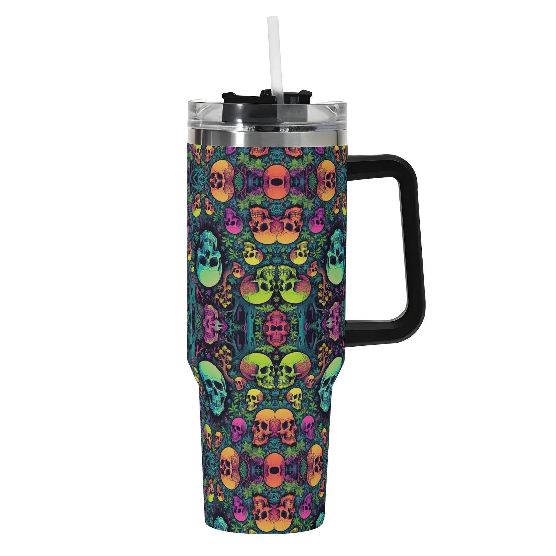 Trippy Skulls 40oz Stainless Steel Tumbler Gift With Black Handle and Straw - DeRose Seasonal