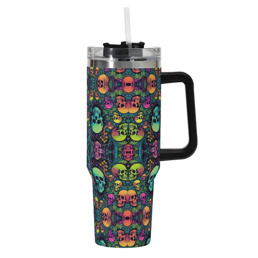 Trippy Skulls 40oz Stainless Steel Tumbler Gift With Black Handle and Straw - DeRose Seasonal