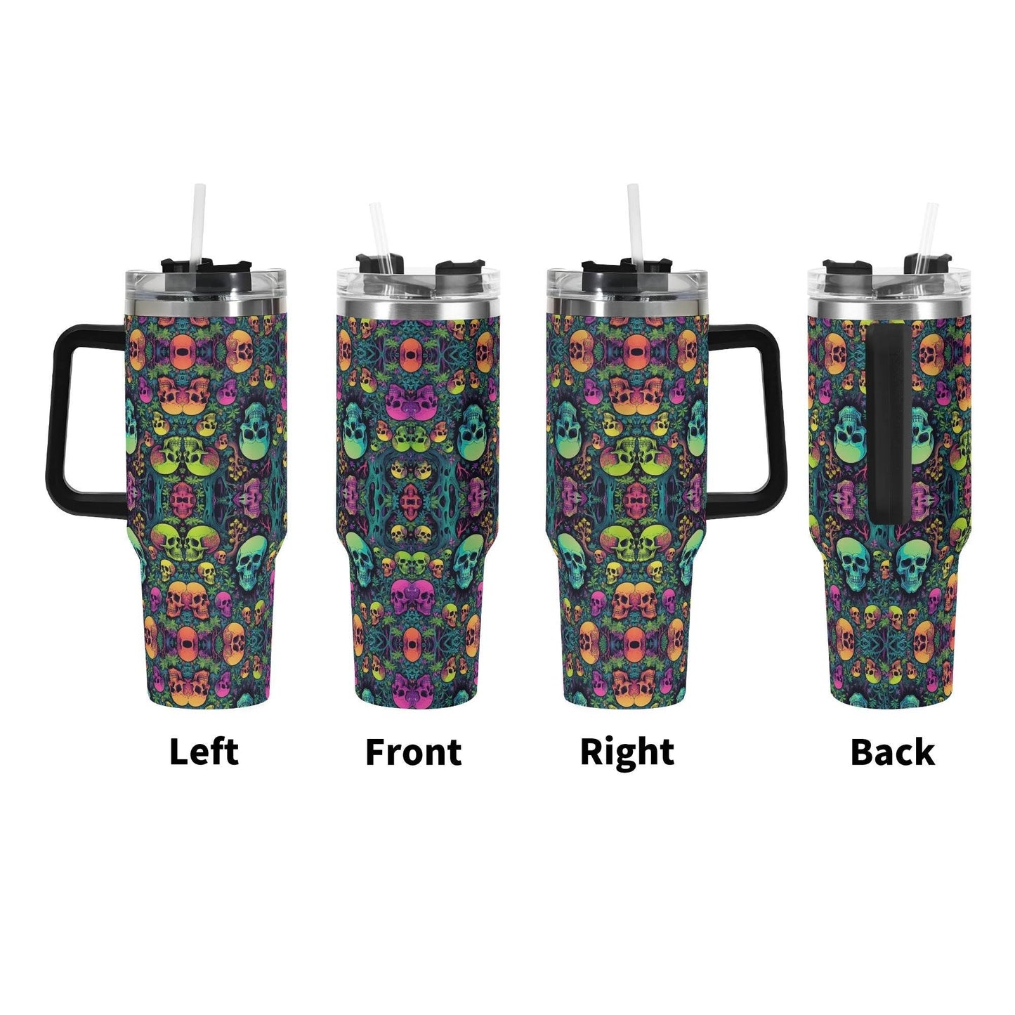 Trippy Skulls 40oz Stainless Steel Tumbler Gift With Black Handle and Straw - DeRose Seasonal
