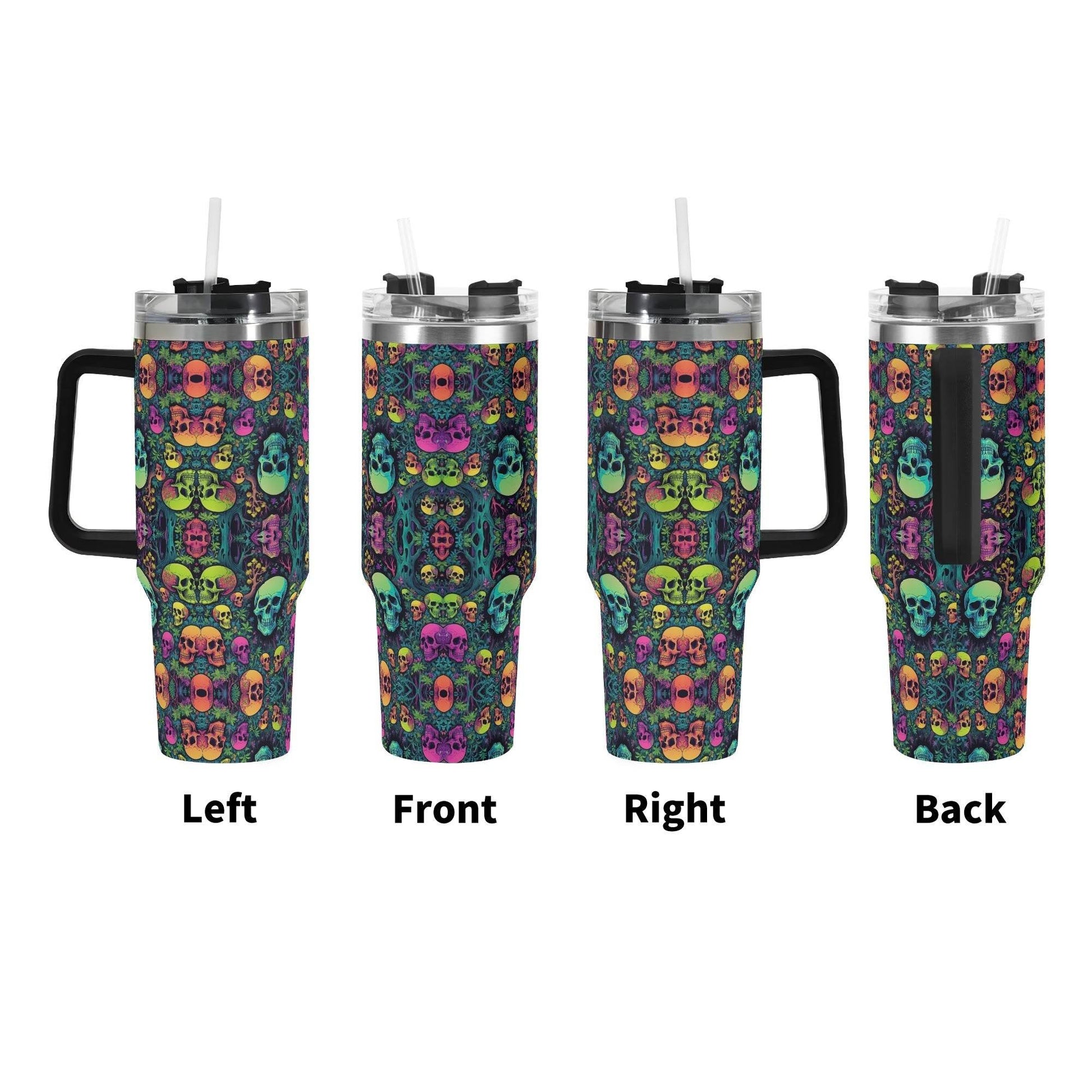 Trippy Skulls 40oz Stainless Steel Tumbler Gift With Black Handle and Straw - DeRose Seasonal