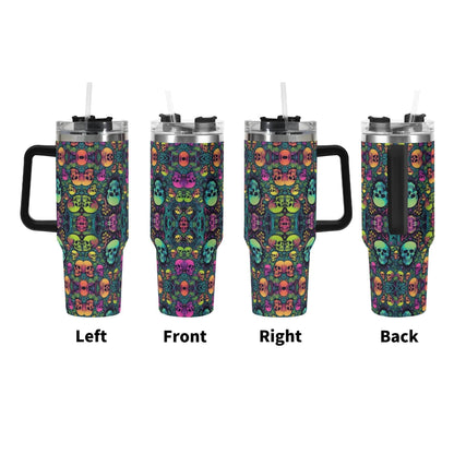 Trippy Skulls 40oz Stainless Steel Tumbler Gift With Black Handle and Straw - DeRose Seasonal