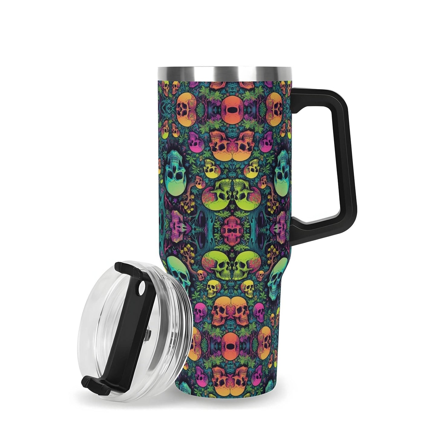 Trippy Skulls 40oz Stainless Steel Tumbler Gift With Black Handle and Straw - DeRose Seasonal