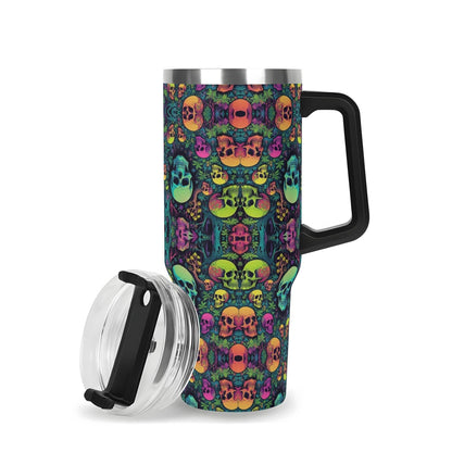 Trippy Skulls 40oz Stainless Steel Tumbler Gift With Black Handle and Straw - DeRose Seasonal
