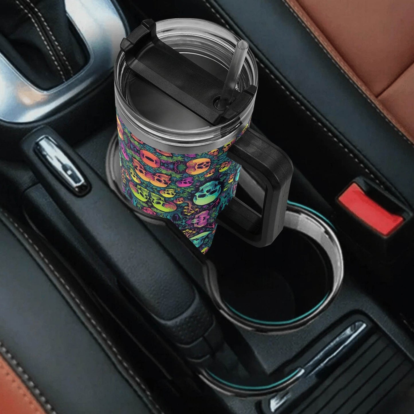 Trippy Skulls 40oz Stainless Steel Tumbler Gift With Black Handle and Straw - DeRose Seasonal